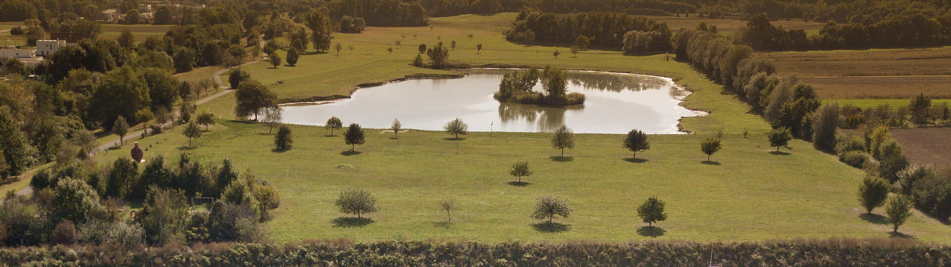 Gebäude der Real Estate Burgenland mit Teich und großer Wiese dahinter