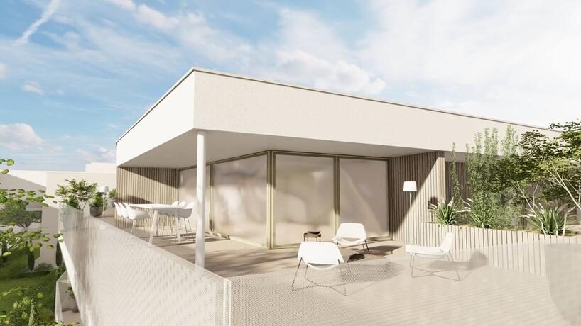Detailansicht einer Terrasse im Obergeschoss der Wohnungsanlage